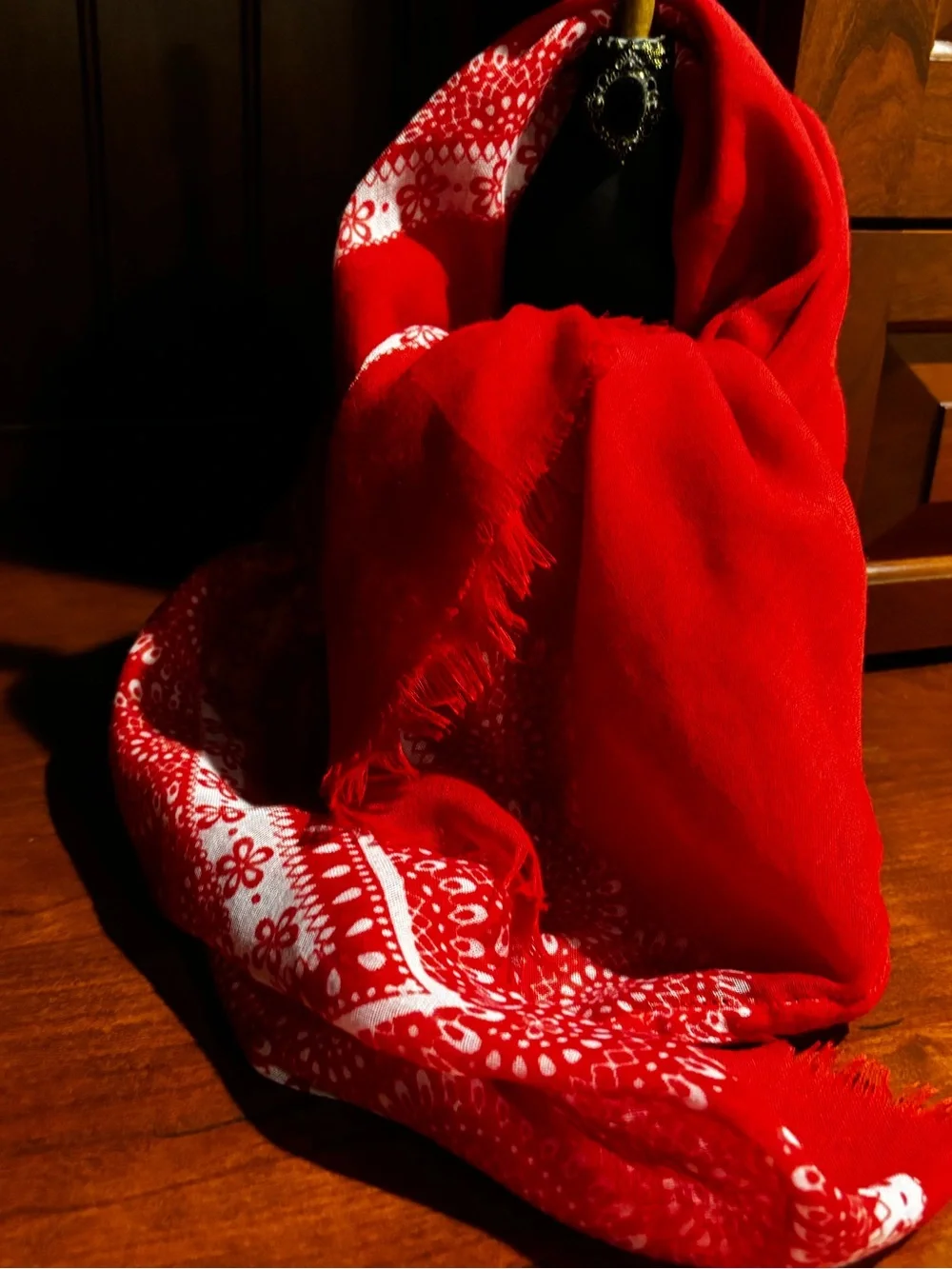 VTG vibrant red-and-orange lightweight infinity scarf with an ornate mandala